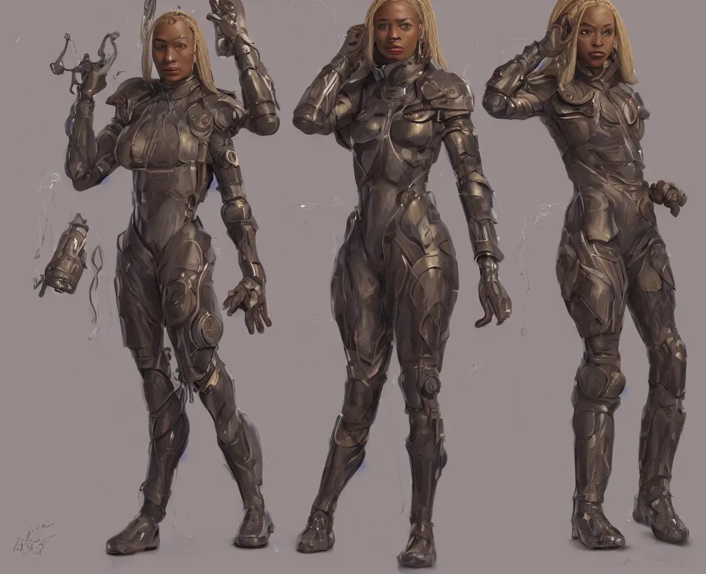 Prompt: african american woman, with blonde box braids, elegant, muscular, light cyborg armour swimsuit, trenchcoat, combat boots, space opera, highly detailed, digital painting, ghibli animated film, volumetric lighting, octane render, artstation, concept art, smooth, sharp focus, illustration, by gaston bussiere, mucha, gerome, craig mullins, greg rutkowski