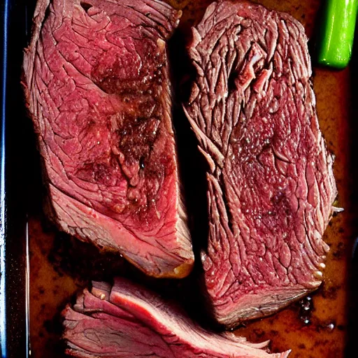 Image similar to chuck roast norris, food photo of chuck norris face in chuck roast