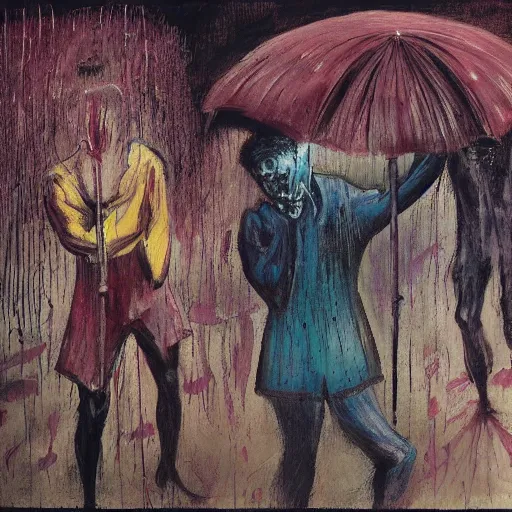 Image similar to a man holding an umbrella, a man holding an umbrella, a man holding an umbrella, a man holding an unmbrella, epic floral composition of deadly silence, intense emotion, powerful painting, gritty feeling, imagining a blissful fate, hope, anger, rage, willing, deconstructed, chaotic, expressive, neo-expressionism, by Francis Bacon, by Beksinski, by Abbas Kiarostami, by Kurosawa, by Hokusai, war photography, colorful, dreams, photojournalism