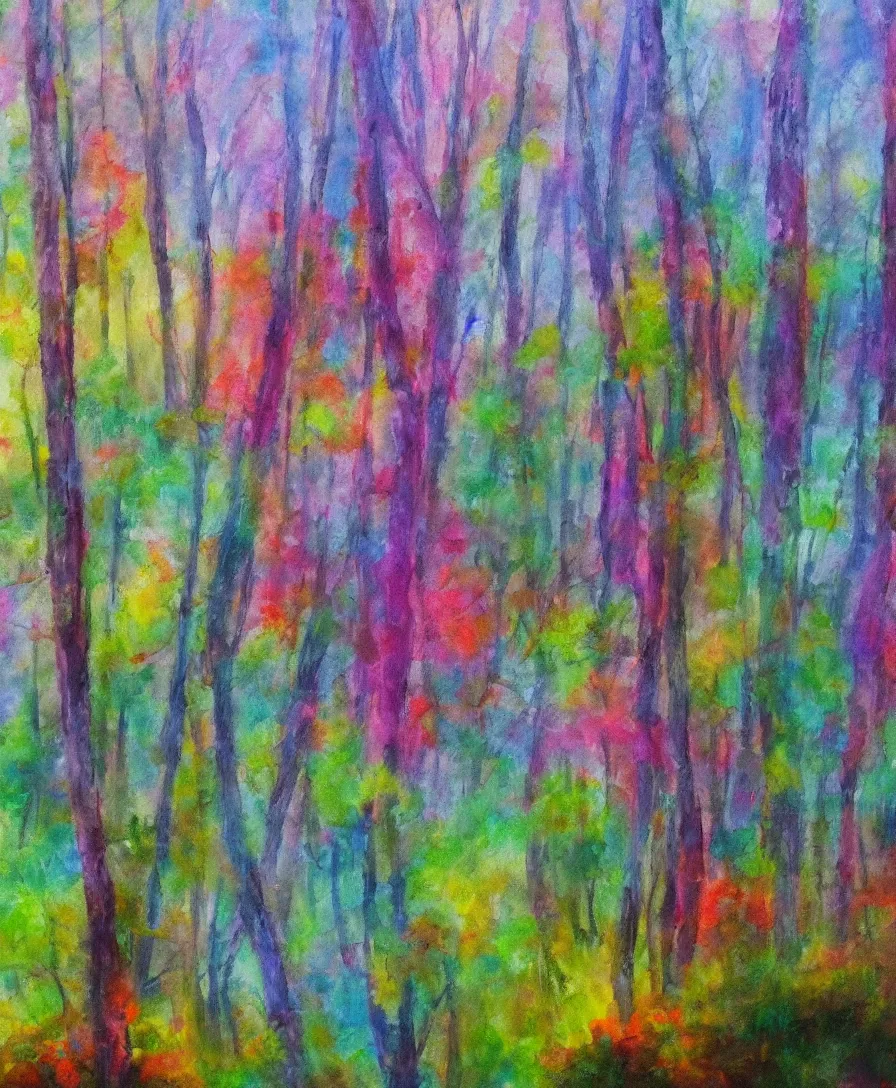 Prompt: a mysterious, foggy forest with haunted trees and colorful flowers, water painting