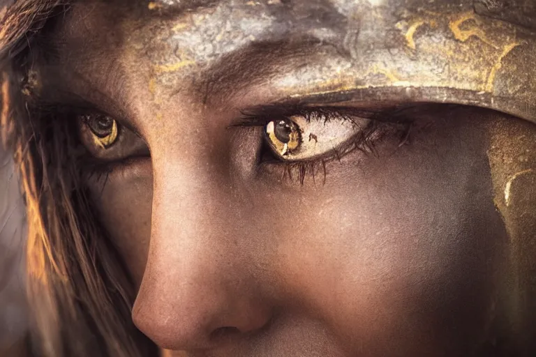 Image similar to close - up photo of a beautiful warrior princess in a battle scene, detailed eyes, shallow depth of field, photorealistic, cinematic lighting, warm colours, dusk