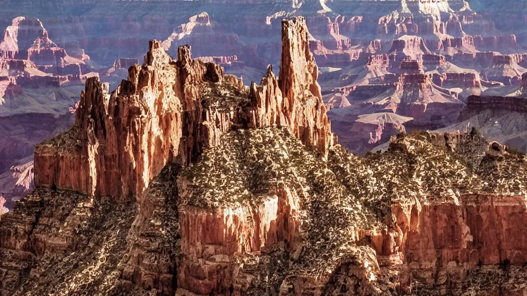 Image similar to an atmospheric film still by Ridley Scott featuring a dark gothic cathedral carved out of rock at the top of the grand canyon