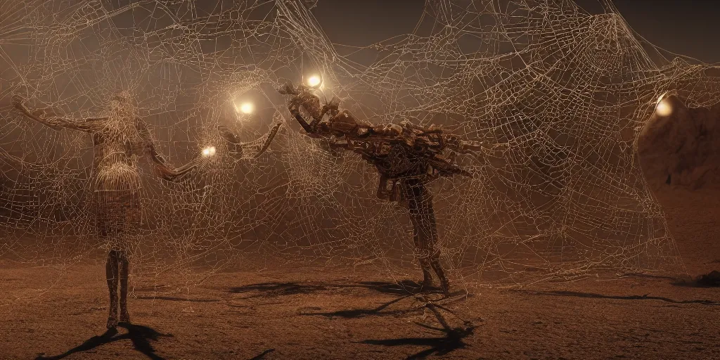 Image similar to A George Miller film, an ornate real character made out of intricate metallic filament webs and Endocrine system built out of dust and light, floating in the desert night, hyper-realism, very detailed feel, rendered in Octane, tiny points of light, caustic, 4k, beautiful lighting