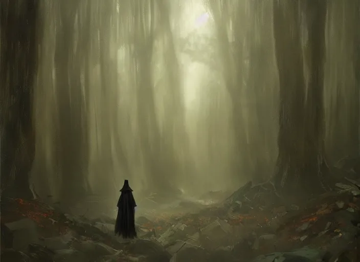 Prompt: A figure with a dark cloak wondering around in a forest, Greg Rutkowski