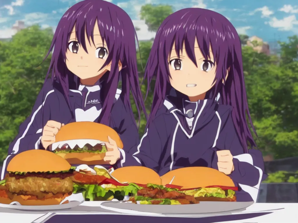 Image similar to yuuki konno from sword art online eating a big burger and being happy, purple hair, High Definition detail, 8K, anime