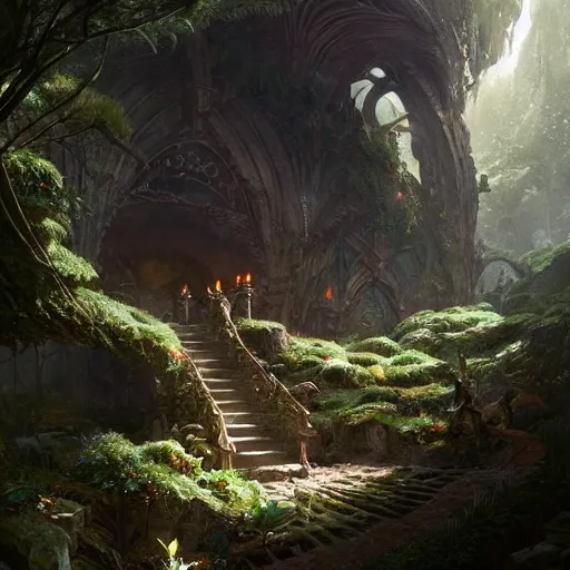 Image similar to worm's eye view of a elven headquarters carved inside a mountain above a lush garden, neat and tidy, magical, natural light, fantasy, sharp focus, concept art, by greg rutkowski and craig mullins, cozy atmospheric and cinematic lighting, trending on artstation