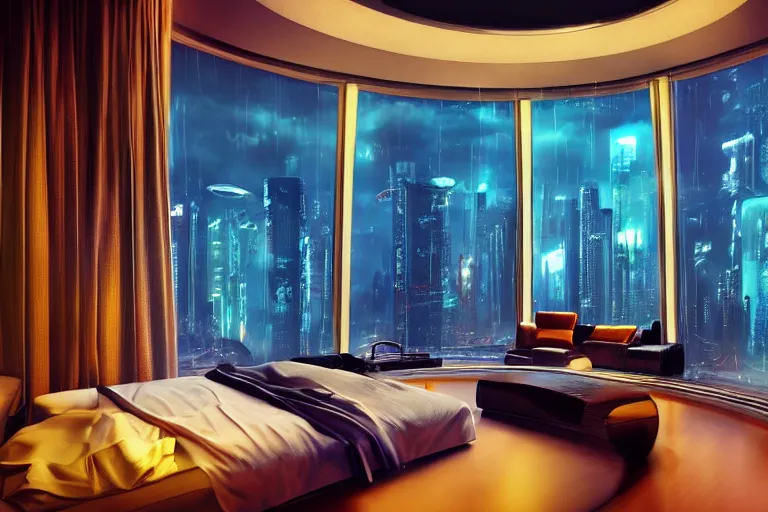 Image similar to a futuristic bedroom with large curved ceiling high windows looking out to a far future cyberpunk cityscape, cyberpunk neon lights, raining, scifi