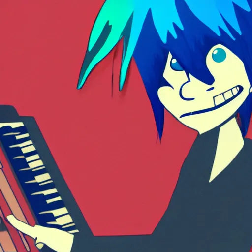 Image similar to 2 d gorillaz playing a keyboard, messy blue hair, portrait, gorillaz style, jamie hewlett, digital art