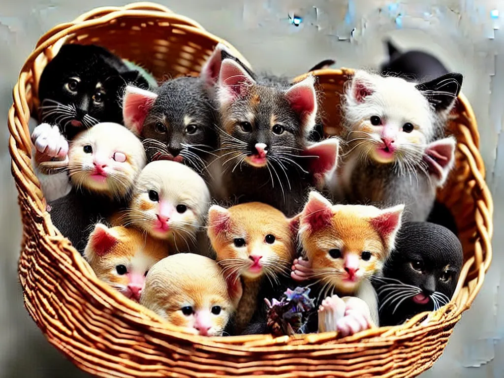 Prompt: a perfect photograph of a basket made of woven kittens, a horrifying concoction of craft, fur, legs and gratuitous nightmares