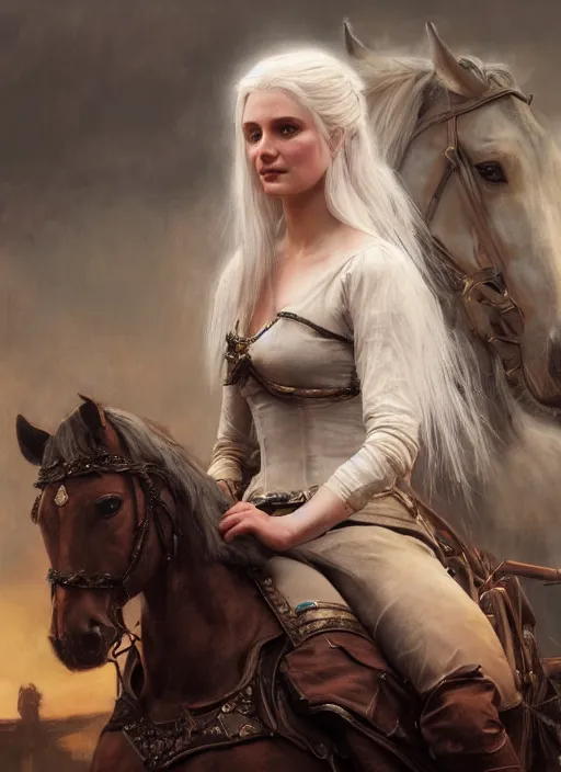 Image similar to painting of lady godiva with ciri from the witcher. by Daniel F. Gerhartz, hyperrealistic oil painting, 4k, very detailed faces, studio lightning