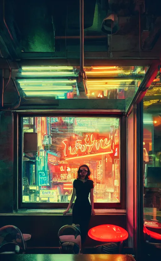 Image similar to vertical movie frame portrait of girl in 5 0's retro restaurant interior, neon - decorated urban on night in the city seen through the window, modern interior design, architectural design, vintage, night blade runner, dark, postapocalyptic, clean lines, 4 k, octane, asian futuristic city at distance, big windows, octane, wide angle