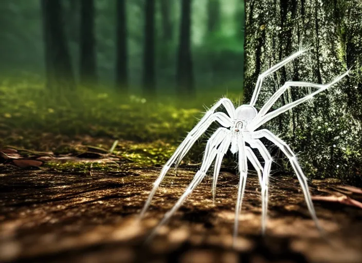 Image similar to white crystal clear spider in a forest. highly detailed 8 k. intricate. lifelike. soft light. fantasy horror style. cinematic post - processing