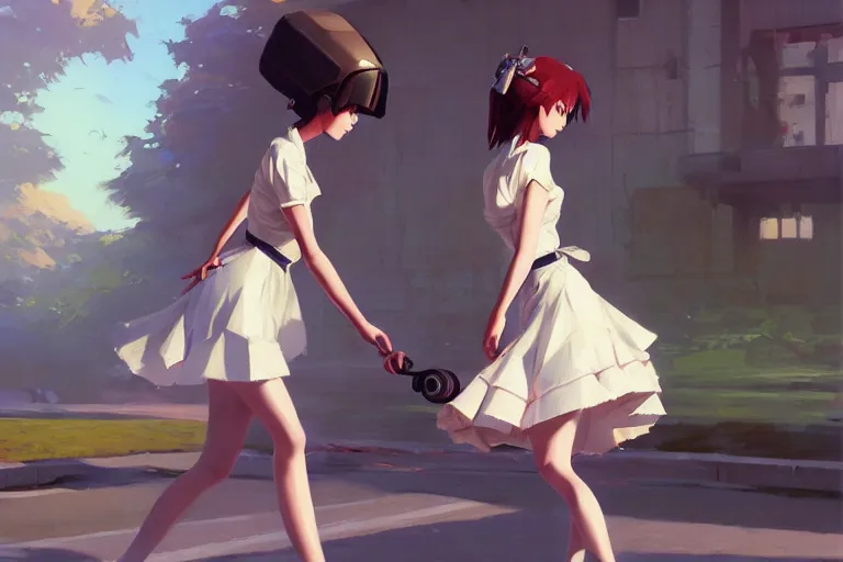 Image similar to A ultradetailed beautiful panting of a stylish woman in a maid outfit skateboarding, Oil painting, by Ilya Kuvshinov, Greg Rutkowski and Makoto Shinkai