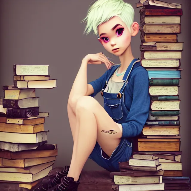 Image similar to full body pose, beautiful adult fairy, pixar, short white hair shaved sides, dirty, grungy, grunge, long sleeve, painted overalls, stacks of giant books, by sakimichan, highly detailed, 4 k, hdr, smooth, sharp focus, high resolution, award - winning photo, artgerm, photorealistic