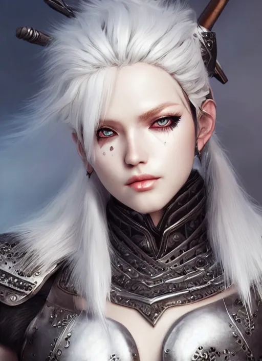 Image similar to barbarian, fur leather armor!!! beautiful and elegant white hair female!! gorgeous ayes!! character concept art, sharp focus, octane render! unreal engine 5! highly rendered!! trending on artstation!! detailed linework!! illustration by artgerm, wlop, and chie yoshii