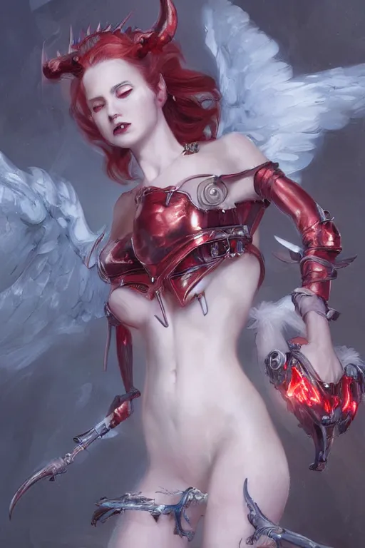 Image similar to Portrait of beautiful pale laughing succubus maiden with mechanical wings, nimbus, and devil's horns, red lighting, masterpiece 4k digital illustration by Ruan Jia and Mandy Jurgens and Artgerm, highly detailed, trending on artstation, award winning,