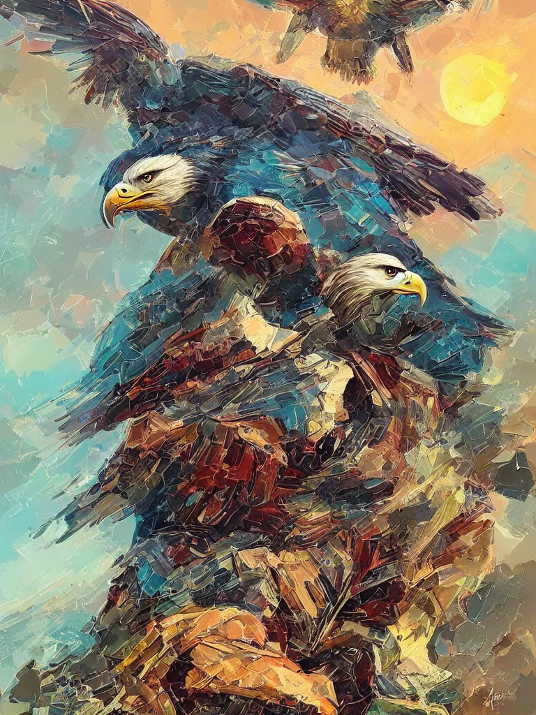 Prompt: realistic photo of an eagle!! noble hero portrait, in rogue attire, by jack kirby italo calvino roger dean and alena aenami
