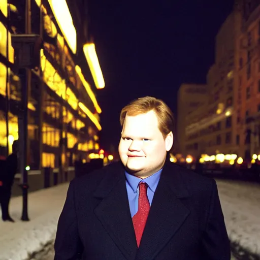 Image similar to 1 9 9 8 andy richter wearing a black wool coat and necktie standing on the streets of chicago at night in winter, dynamic lighting, holiday season.