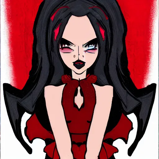 Prompt: rpg style portrait of a demon girl where a black and red dress