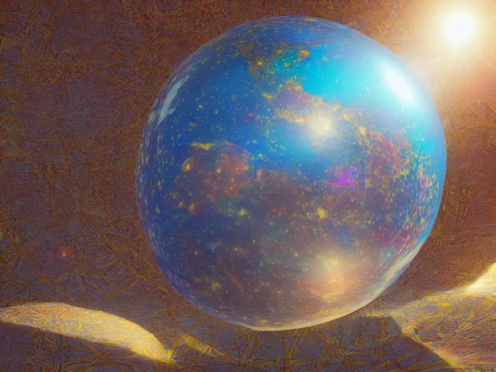 Image similar to 3 d render, sunlight study, the universe is a spheroid region 7 0 5 meters in diameter, art nouveau, by paul outerbridge and ( ( ( ( ( lisa frank ) ) ) ) ), 8 k, sharp focus, octane render