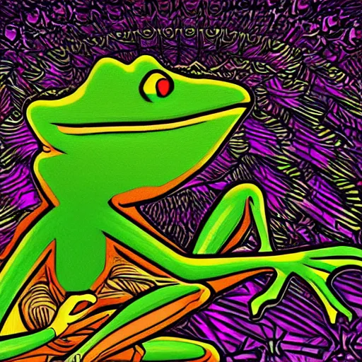 Image similar to Alex Jones turning thousands of frogs gay. Super resolution. Award winning illustration art in the style of Alex Grey