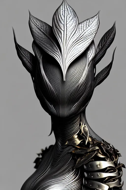 Image similar to bw close - up profile face, black background, beautiful young porcelain vegetal - dragon - cyborg - female, 1 5 0 mm, beautiful natural soft rim light, silver gold details, magnolia leaves and stems, roots, mandelbot fractal, elegant, ultra detailed, white metallic armour, octane render, h. r. giger style