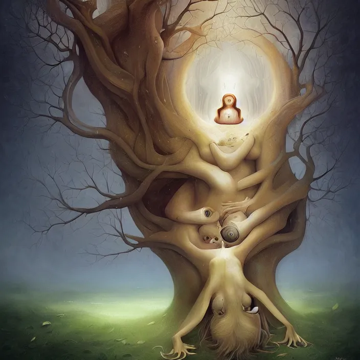 Prompt: matte symmetrical portrait of nature spirit in the enchanted wode, by dave dorman hieronymus bosch, cyril rolando, esher and natalie shau, whimsical, profound, impossible, dark, atmospheric, brooding, digital painting, intricate.