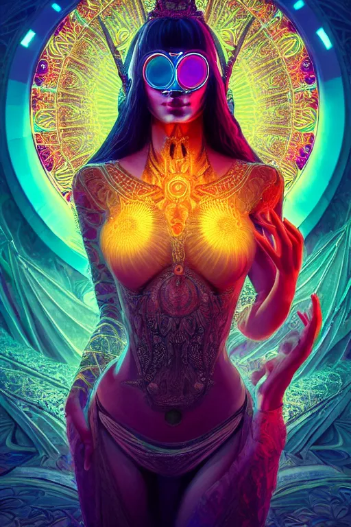 Image similar to a centered render of an alluring goddess wearing a psychedelic mask surrounded by a glorious sacred energy made from geometry and spiral mandel bulb fractals in a majestic cathedral, powerful, cinematic, beautifully lit, by artgerm, by karol bak, 3 d, trending on artstation, octane render, 8 k