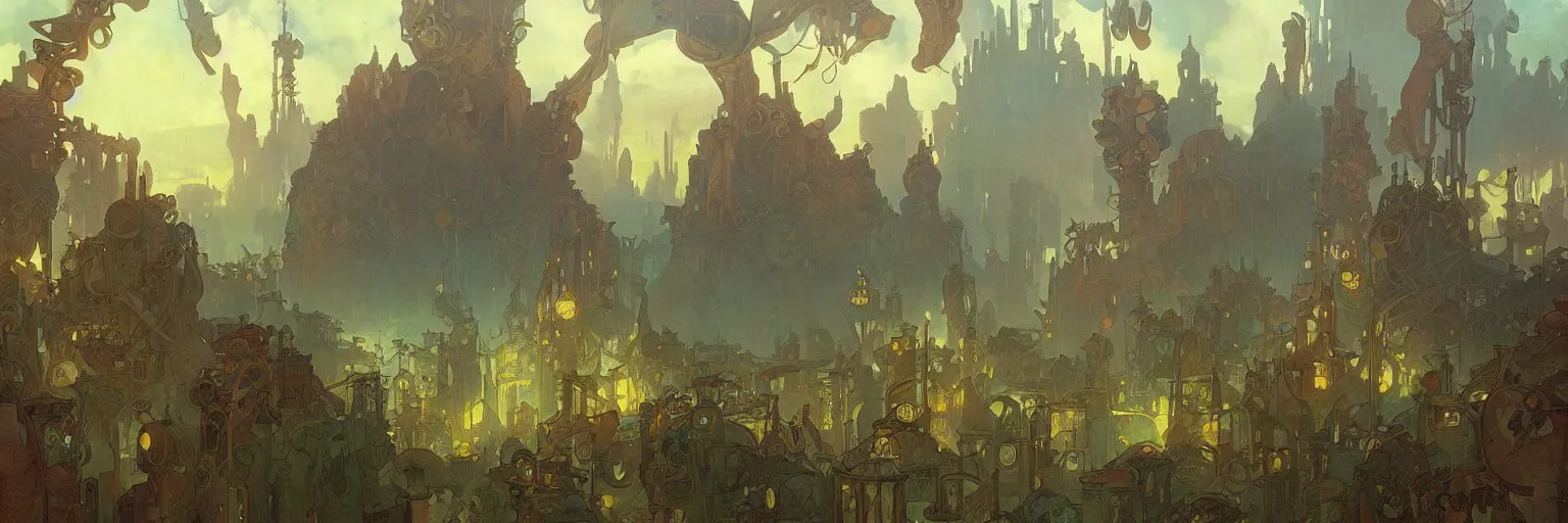 Image similar to A beautiful landscape painting of steampunk landscape by Alfons Maria Mucha and Julie Dillon and Makoto Shinkai