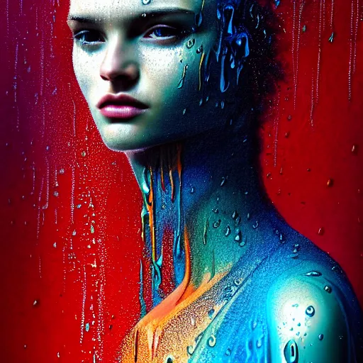 Image similar to dramatic asthetic portrait of revelation in uniquely colored rain with wet hair and face, liquid, epiphany, bliss, fantasy, intricate, elegant, dramatic lighting, highly detailed, lifelike, photorealistic, digital painting, artstation, concept art, smooth, sharp focus, illustration, art by John Collier and Albert Aublet and Krenz Cushart and Artem Demura and Alphonse Mucha