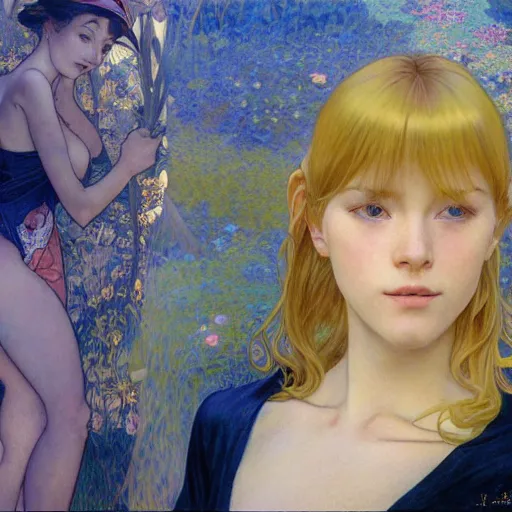 Image similar to A young woman with blonde long hair and bangs in shorts and white shirt drawn by Donato Giancola and Makoto Shinkai, frank frazetta, Alphonse Mucha, background by James Jean and Gustav Klimt, 4k, porcelain skin, volumetric lighting, french nouveau, trending on artstation, octane render, hyperrealistic
