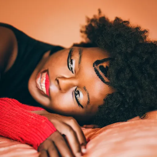 Prompt: a cute black girl laying on the ground of her bedroom, playing with her nice red cat, photo, day light, 8k