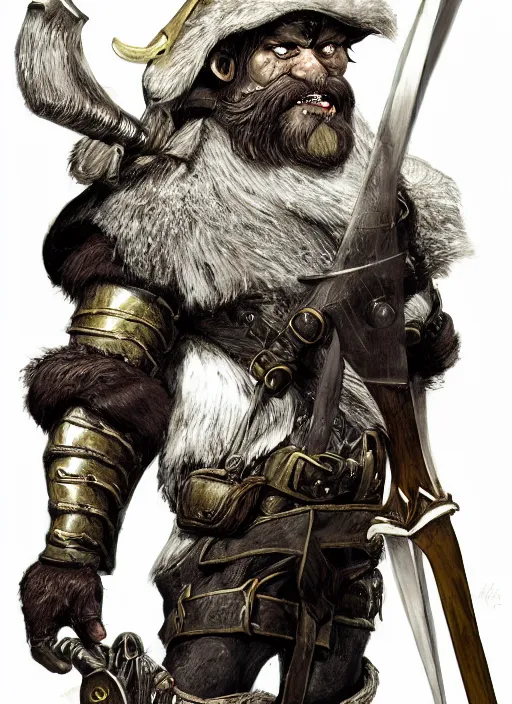 Image similar to strong young man, photorealistic bugbear ranger holding aflaming sword, black beard, dungeons and dragons, pathfinder, roleplaying game art, hunters gear, jeweled ornate leather and steel armour, concept art, character design on white background, by alan lee, norman rockwell, makoto shinkai, kim jung giu, poster art, game art