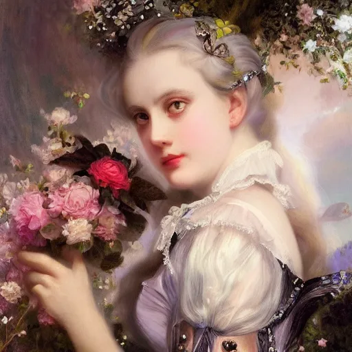 Image similar to Alice in Wonderland,a portrait of a beautiful Silver hair girl,Diamonds Blaze,Rose twining,luxuriant,dreamy, eternity, romantic,highly detailed,in the style of Franz Xaver Winterhalter, highly detailed,night lighting