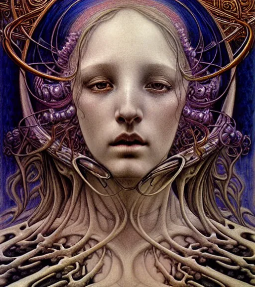 Image similar to detailed realistic beautiful young medieval alien queen face portrait by jean delville, gustave dore and marco mazzoni, art nouveau, symbolist, visionary, gothic, pre - raphaelite, iridescent fractal details. horizontal symmetry by zdzisław beksinski, iris van herpen, raymond swanland and alphonse mucha. highly detailed, hyper - real, beautiful