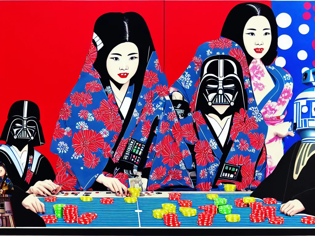 Image similar to hyperrealistic composition of the detailed woman in a japanese kimono sitting at a poker table with detailed darth vader and r 2 d 2, fireworks, mount fuji on the background, pop - art style, jacky tsai style, andy warhol style, acrylic on canvas