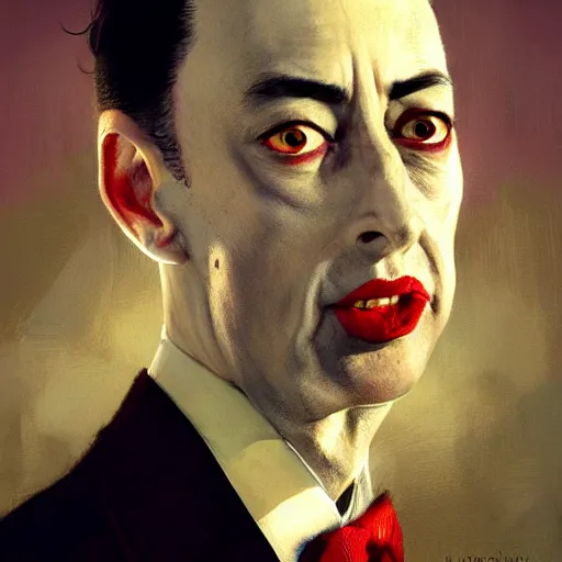 Image similar to close portrait of peewee herman, high detail, dramatic light, digital art, painted by greg rutkowski, painted by seb mckinnon, trending on artstation