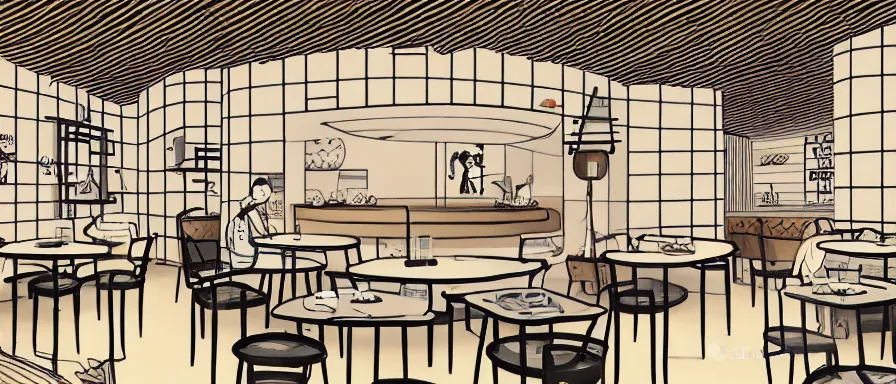 Image similar to a beautiful interior view illustration of a small roasted string hotpot restaurant in yan'an city, restaurant wall paper is a tower on a mountain, rectangle white porcelain table, black chair, animation illustrative style, from china, simple style structure decoration design, victo ngai, james jean, 4 k hd