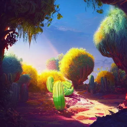 Prompt: a lush desert garden with bright colors, global illumination, dramatic sky and light rays, artstation, in style of greg rutkowski