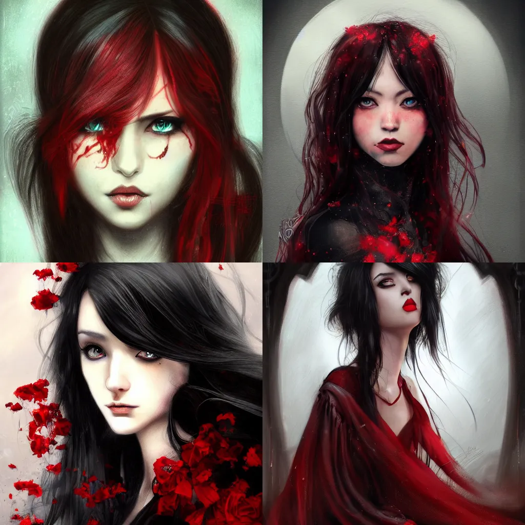 Prompt: beautiful vamipire, black flowing hair, red tattered dress, realistic character concept, beautiful girl, identical eyes, gazing eyes, beautiful eyes, medium shot, elegant pose, fantasy, illustration, slender symmetrical face and body, artstation, cinematic lighting, hyperdetailed, cgsociety, 8k, high resolution, Charlie Bowater, Tom Bagshaw, single face, insanely detailed and intricate, beautiful, elegant, golden ratio, dark fractal background, vfx, postprocessing, alluring, looking at you, angry eyes, etheral, glowing, magic