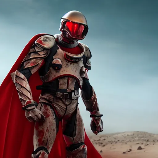 Image similar to a tall muscular soldier, wearing blood - spattered glossy sleek white dinged scuffed armor and a long torn red cape, heroic posture, battle - weary, strained expression, determined expression, no helmet, on the surface of mars, dramatic lighting, cinematic, sci - fi, hyperrealistic, detailed