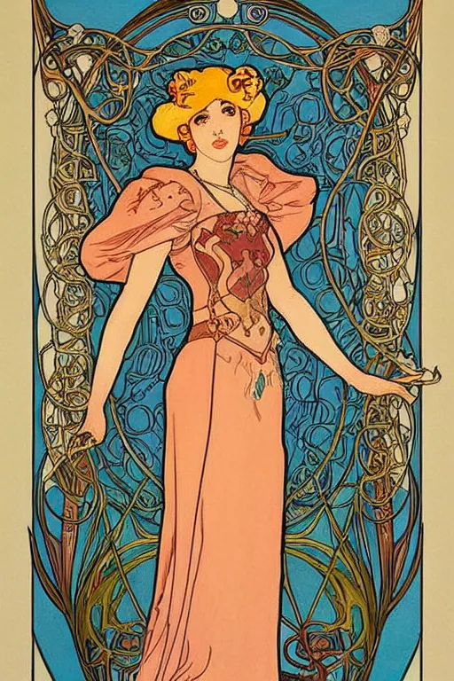 Image similar to full length art nouveau painting of princess - peach!!!!!!! by mucha, sharp edges, intricate line - work.