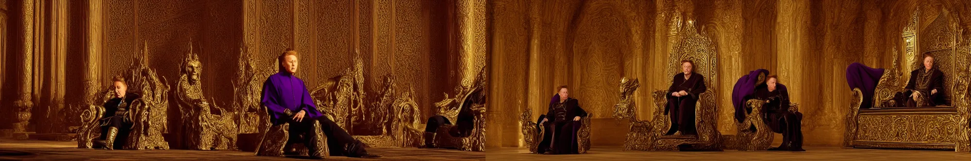 Prompt: Film still of Christopher Walken as Emperor Shaddam IV (Dune) sitting on a throne at the end of a dark long Romanesque marble-hall, volumetric sunlight shines through ornate windows casting shadows, throne made of green quartz and gold with lion-shaped-arm-rests, Christopher Walken is wearing ornate Tyrian-purple regal leather uniform with two lion-pins made of gold, dark atmospheric lighting, highly detailed, cinematography by Ridley Scott