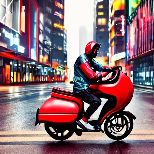 Image similar to food delivery driver with red backpack and futuristic rocket bike working in a rainy night in a cyberpunk city in cyberpunk style