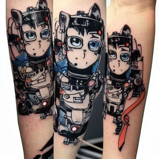 Prompt: Anime manga robot!! cat tattoo, cyborg cat, exposed wires and gears, fully robotic!! cat, manga!! in the style of Junji Ito and Naoko Takeuchi, tattoo on upper arm