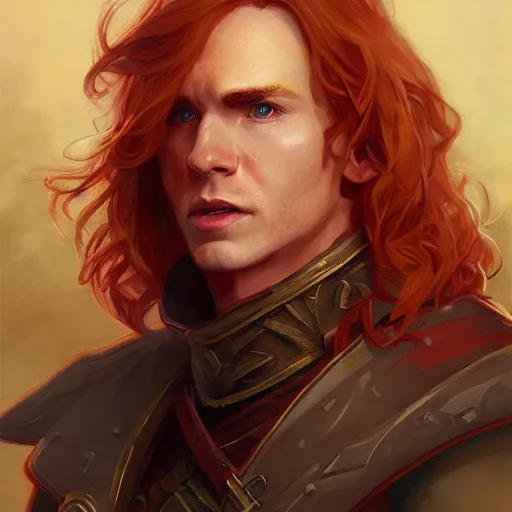 Prompt: portrait of a male halfling paladin with long straight ginger hair wearing a red coat, half body, fantasy, highly detailed, digital painting, artstation, concept art, character art, art by greg rutkowski and tyler jacobson and alphonse mucha