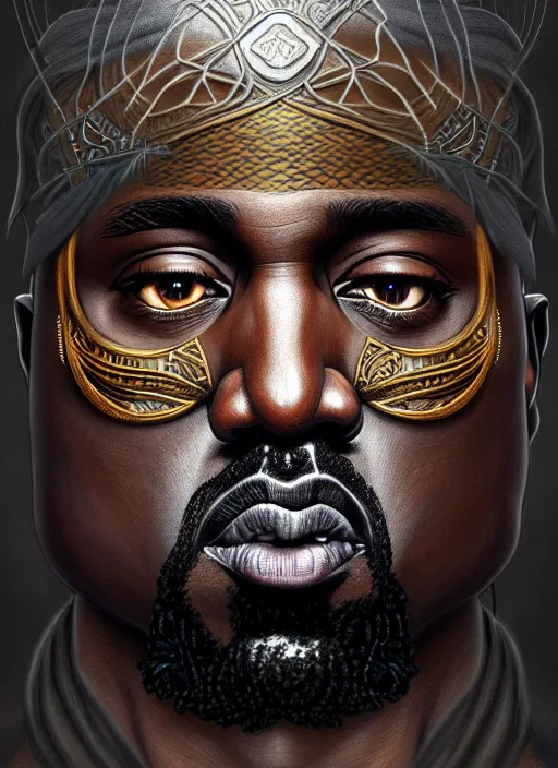 Prompt: : Kanyewest , fantasy magic,  , intricate, sharp focus, illustration, highly detailed, digital painting, concept art, jahbu art and Paul lewin , masterpiece