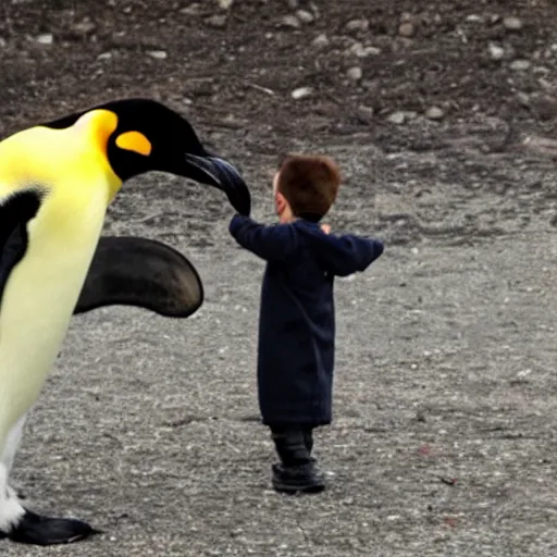 Image similar to an emperor penguin talking with a human boy