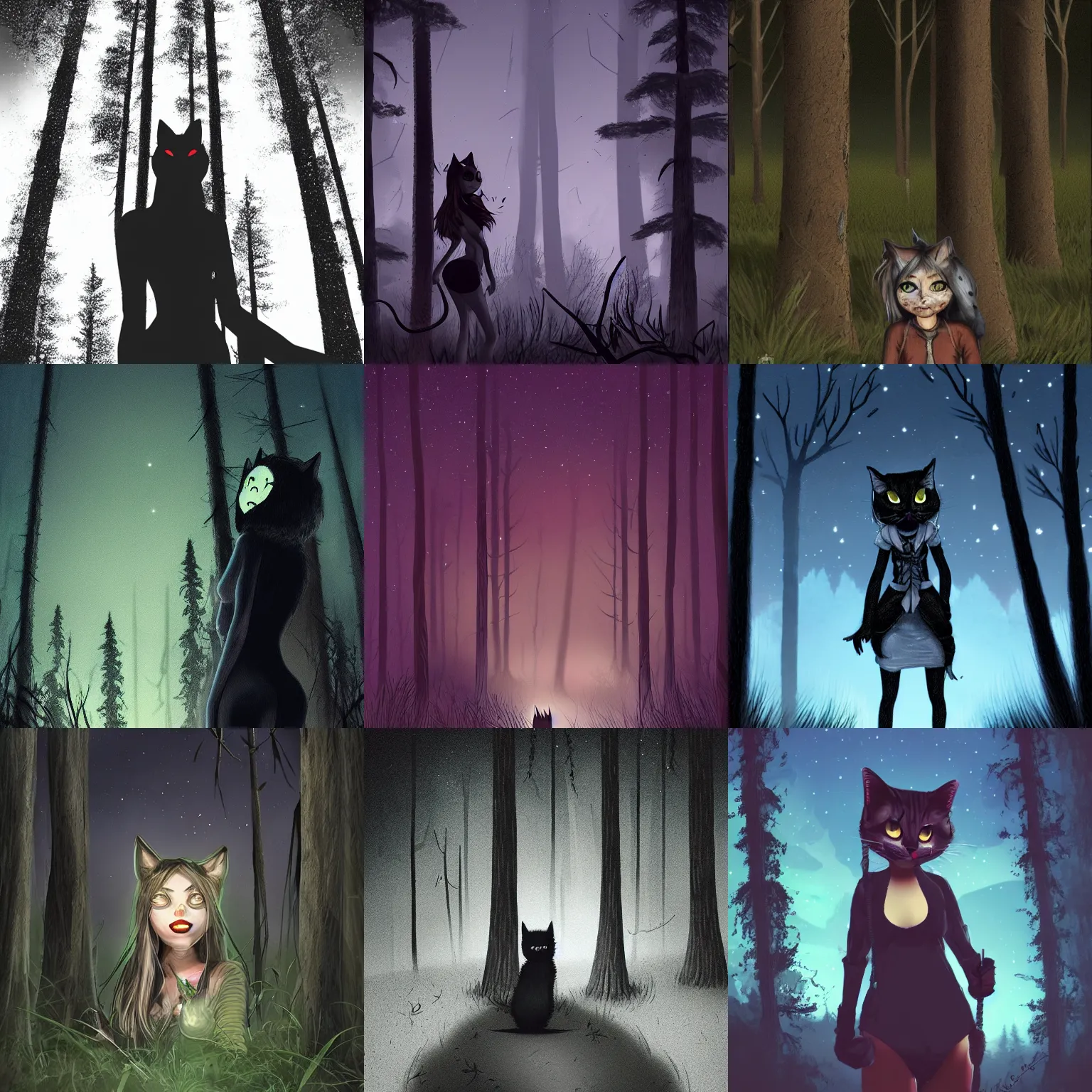 Prompt: a catgirl caught on midnight trail cam, night, tall trees, morbid, uncanny, artstation