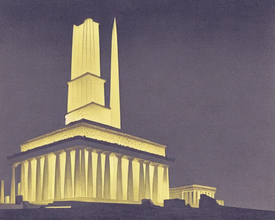 Prompt: beautiful print of the Lincoln Memorial bathed in moonlight by Hasui Kawase and Lyonel Feininger.